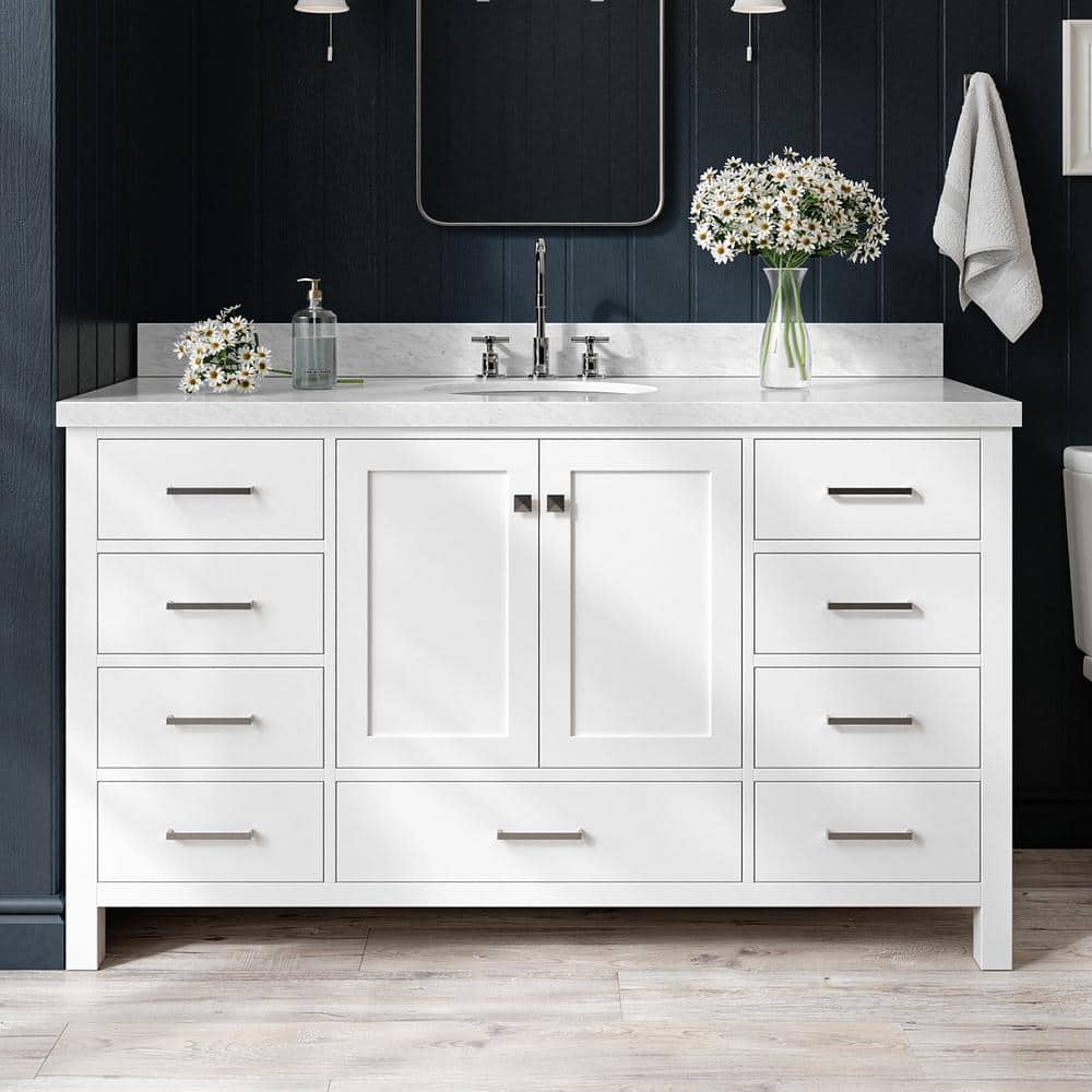 Cambridge 60 in. Single Sink Freestanding Bathroom Vanity in White with Carrara White Marble Top price history on PriceWatchPro