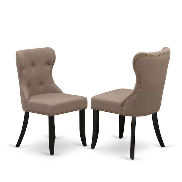 East West Furniture Wirebrushed Black, Parson Dining Room Chairs - Coffee Linen Fabric Padded Chairs, Set Of 2