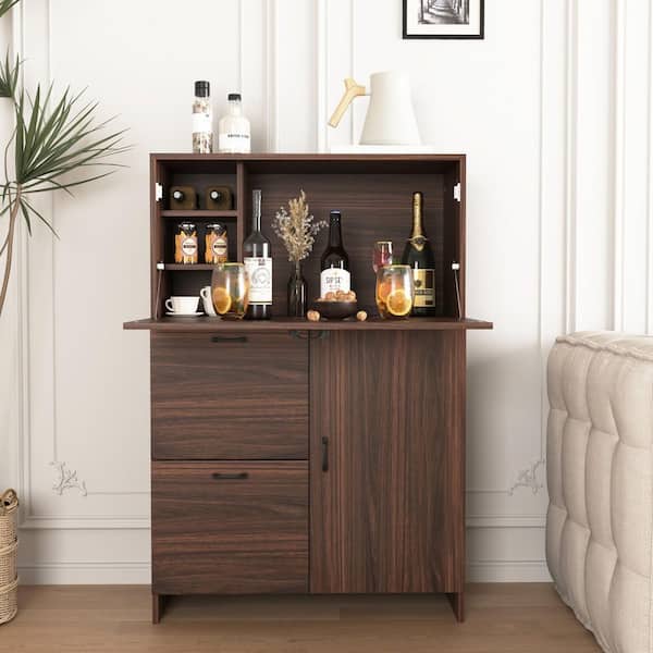 Kitchen Pantry, Desk Cabinet with Storage Drawer and Shelves, Fold-up Desktop in Walnut