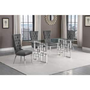 Dominga 5-Piece Rectangular Glass Top Stainless Steel Dining Set With 4 Dark Grey Velvet Fabric Stainless Steel Chair