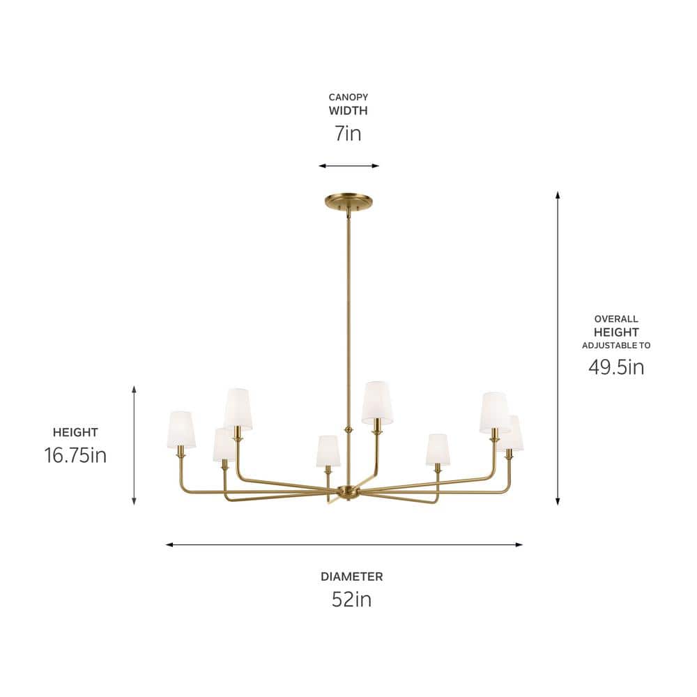 Brushed Brass 8-Light Chandelier with White Tapered Shades