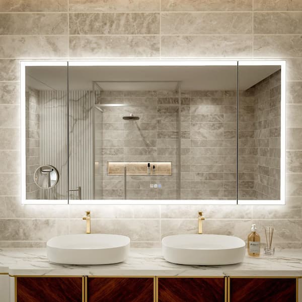 66 in. W x 36 in. H Rectangular Framed Tri-Fold LED Dimmable Defog Wall Bathroom Vanity Mirror in Silver w/ Magnifier