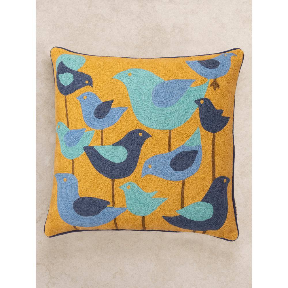 Aloha Mustard and Blue Embroidered Cotton Wool Throw Pillow 20"