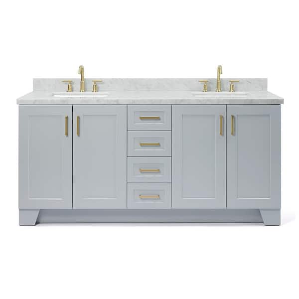 ARIEL Taylor 73 in. W x 22 in. D Bath Vanity in Grey with Carrara White Marble Top