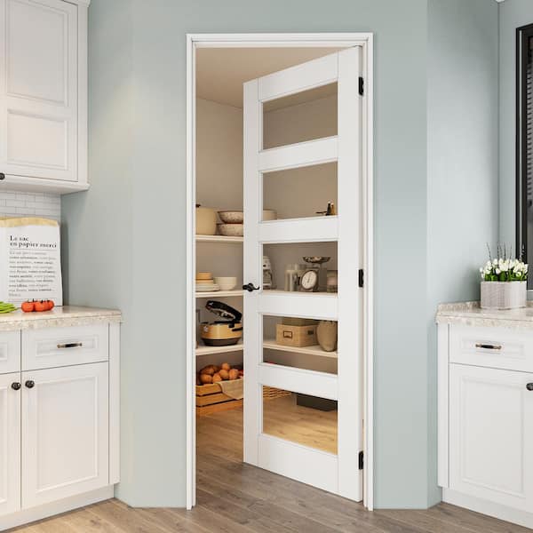 30 in. x 80 in. 5-Lite Clear Glass Right White Solid Core Wood Single Interior Door Kit with Quick Assemble Jamb