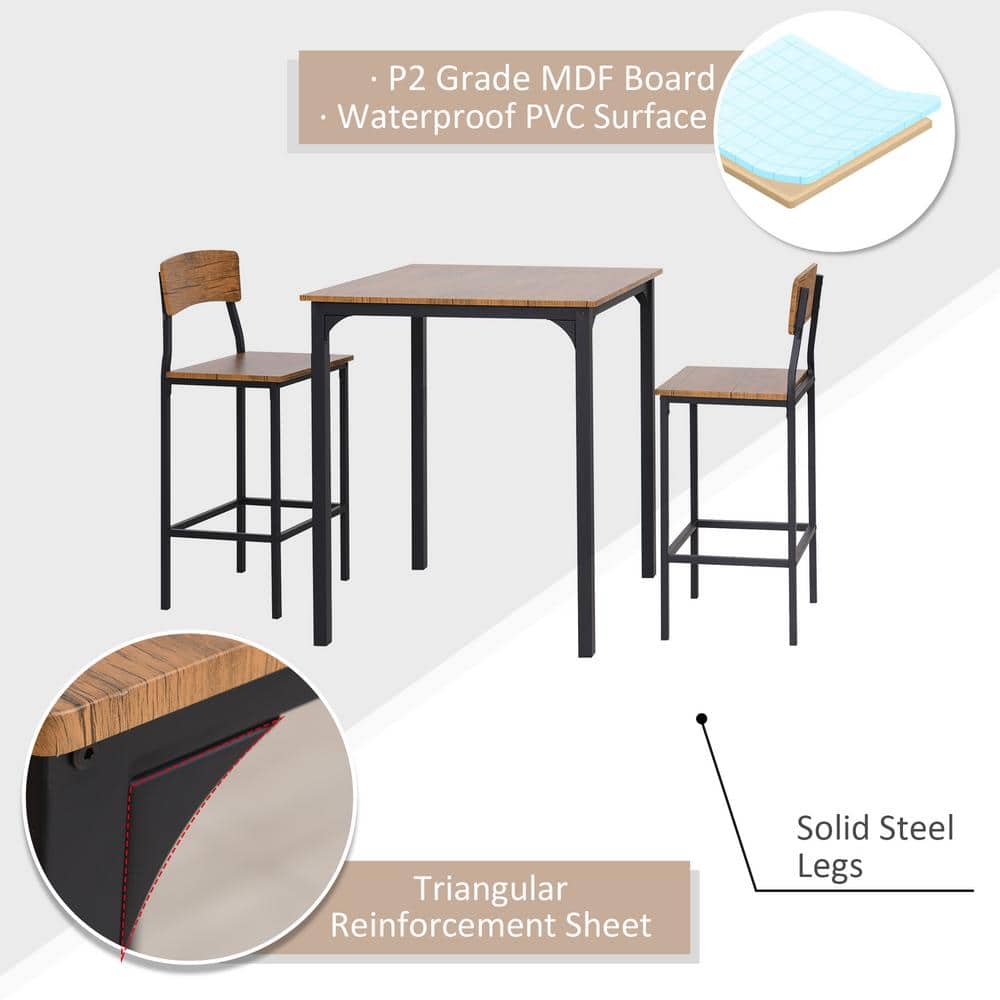 Rustic Brown MDF and Steel Pub Table Set with 2 Chairs