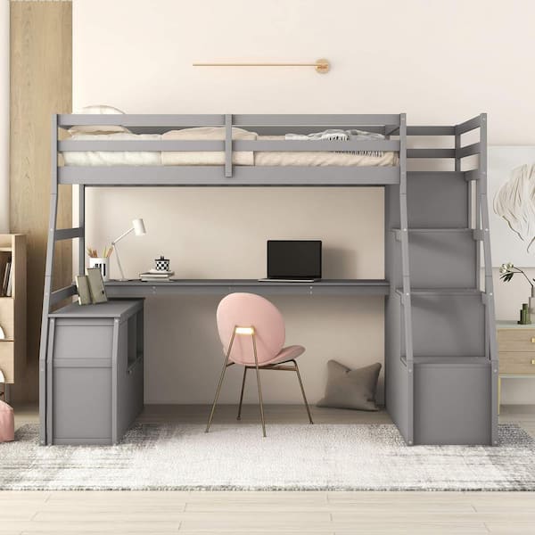 Twin Size Loft Bed with 7 Drawers 2 Shelves and Desk-Gray