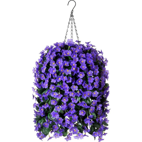 Unbranded 19.7 in. Purple Blue Outdoor Artificial Flowers Purple Orchid in Brown Hanging Basket