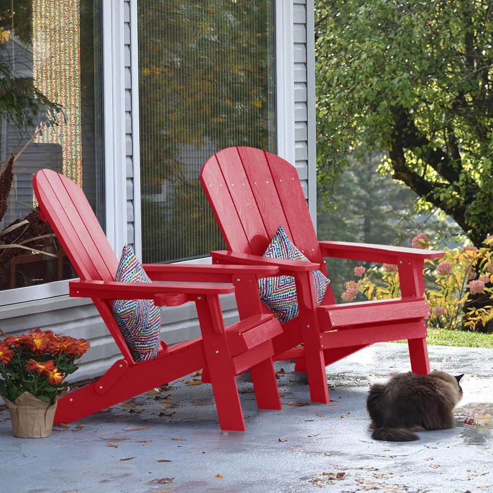 Mximu Red Plastic Outdoor Folding Adirondack Chair with Cup Holder