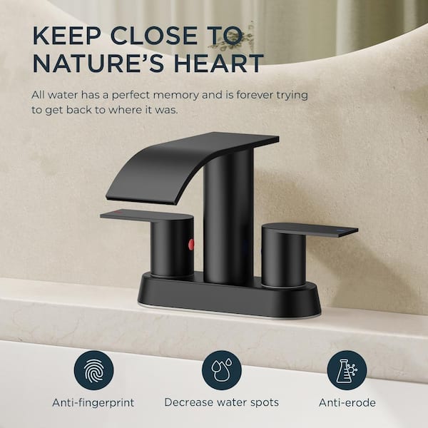 4 in. Centerset Double Handle Low Arc Bathroom Faucet with Drain Kit Included in Matte Black