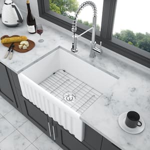 24 in Farmhouse/Apron-Front Single Bowl White Ceramic Kitchen Sink with Bottom Grid and Basket Strainer