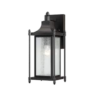Dunnmore 6.5 in. W x 16 in. H 1-Light Black Hardwired Outdoor Wall Sconce with Seeded Glass Shade