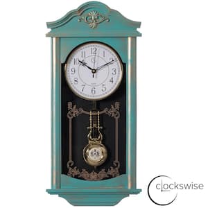Large Vintage Grandfather Wood- Looking Plastic Pendulum Wall Clock, Large Blue with Gold Distressed Design