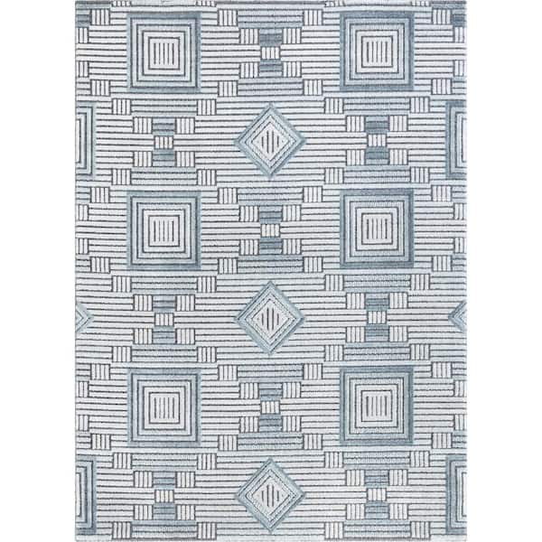Well Woven Aspen Logan Blue Mid-Century Modern Tribal Geometric 7 ft. 10 in. x 9 ft. 10 in. High-Low Area Rug