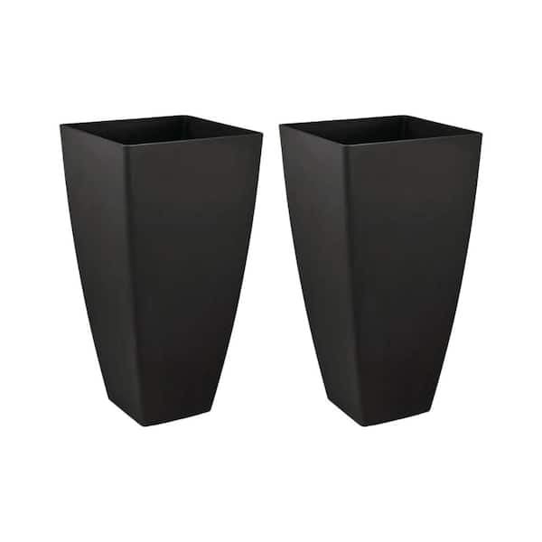 Tallulah Medium Black Fiberglass Recycled Square Planter with Drainage Holes (14.5 in. L x 14.5 in. W x 28 in. H) 2 Pack
