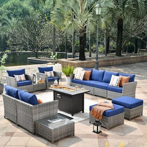 Eufaula Gray 13-Piece Wicker Modern Outdoor Patio Fire Pit Conversation Sofa Seating Set with Navy Blue Cushions
