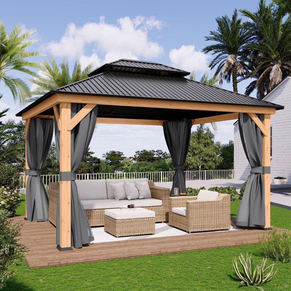 11' x 13' Wooden Patio Gazebo with Black Metal Roof and Gray Curtains