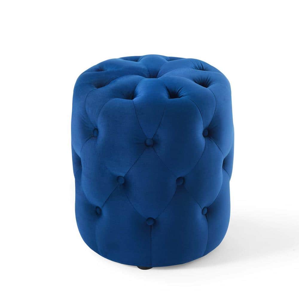 Amour Navy Blue Tufted Velvet Round Pouf Ottoman
