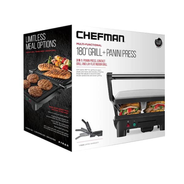 Chefman 3-in-1 Electric Panini Press & Grill, 4-Slice Non-Stick Press,  Opens Flat for Grill - Stainless Steel, New