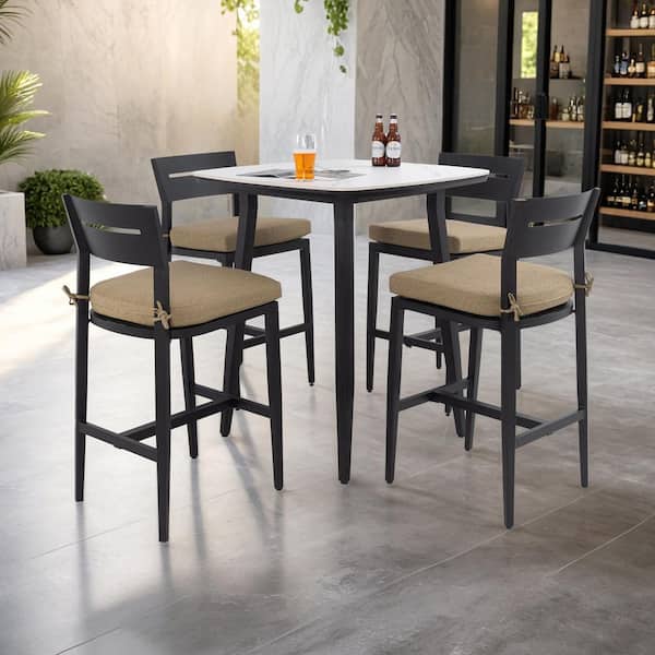 Danae 5-Piece Aluminum Patio Outdoor Serving Bar Set with Stone Tabletop, 4 Bar Stools and Linen Sesame Cushions
