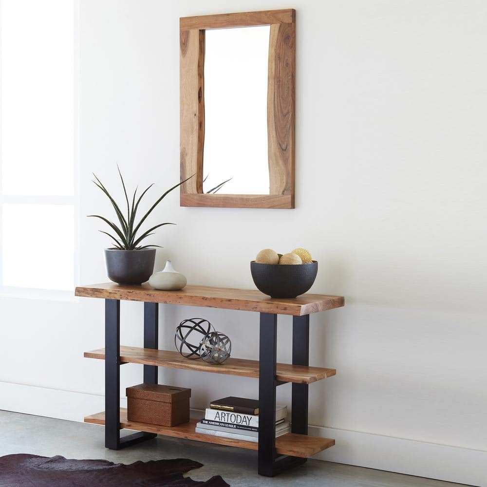 Alpine Natural Acacia Wood Media Console with Metal Legs