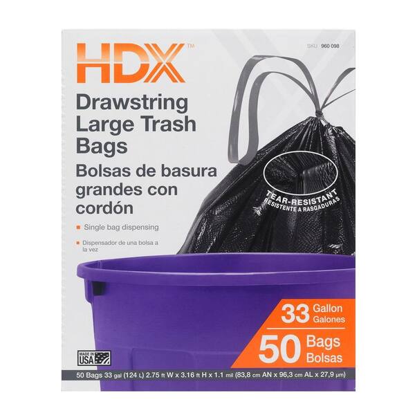 HDX 33 Gal. Large Trash Drawstring Black Trash Bags (50-Count)