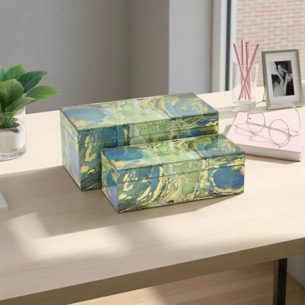 Jenny Yellow and Green 6.75 in. W x 6 in. H Abstract Marbled Decorative Box (Set of 2)