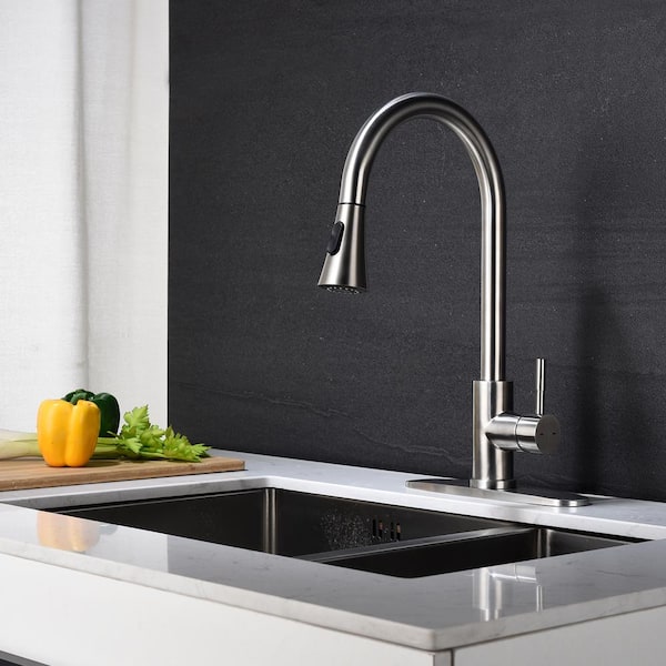Unbranded Single Handle Pull Out Sprayer Kitchen Faucet Stainless Steel include Deckplate, Cold Hot Water Tap in Silver