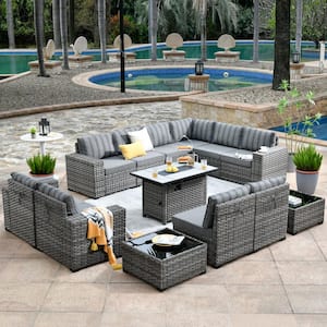 Tahoe Grey 13-Piece Wicker Wide Arm Outdoor Patio Conversation Sofa Set with a Fire Pit and Striped Grey Cushions