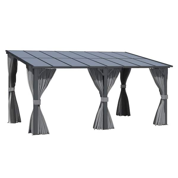 16 ft. x 10 ft. Outdoor Hard Top Gazebo for Patio, Large Wall-Mounted Lean to Pergola with Curtains and Netting