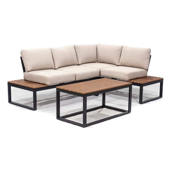 Unbranded Cordova Black 3-Piece Metal Patio Conversational Set with Table and Natural Cushions