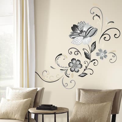 5 in. x 19 in. Black and White Flower Scroll 22-Piece Peel and Stick Giant Wall Decal