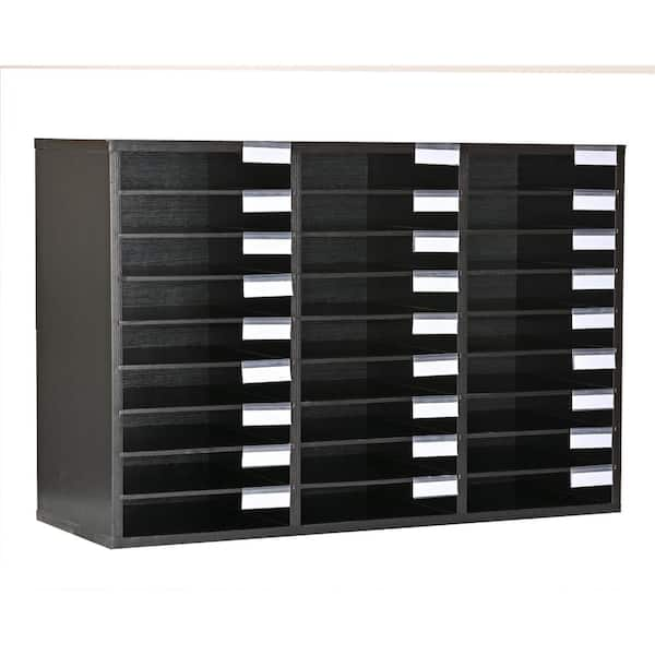 27-Compartment Adjustable Wooden Literature Organizer Mail Sorter with Removable Shelves, Black