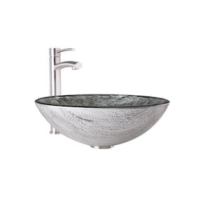 Glass Round Vessel Bathroom Sink in Titanium Gray with Milo Faucet and Pop-Up Drain in Brushed Nickel