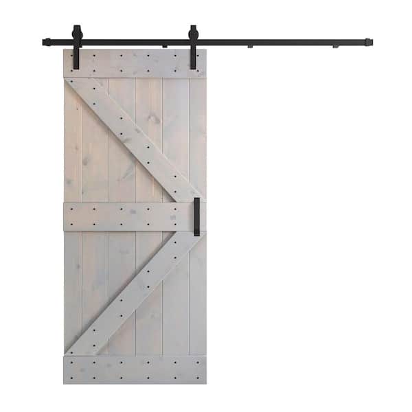 COAST SEQUOIA INC K Series 36 in. x 84 in. Light Grey DIY Knotty Pine Wood Sliding Barn Door with Hardware Kit