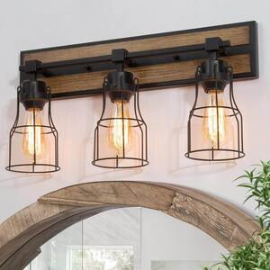Black Vanity Light 3-Light Farmhouse Vanity Light Industrial Wall Sconce Bathroom Wall Light with Faux Wood Accents