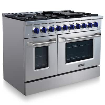 48 in. 6.7 cu. ft. Freestanding Double Oven Gas Range with 8 Burners and Griddle in Stainless Steel with Blue Knobs