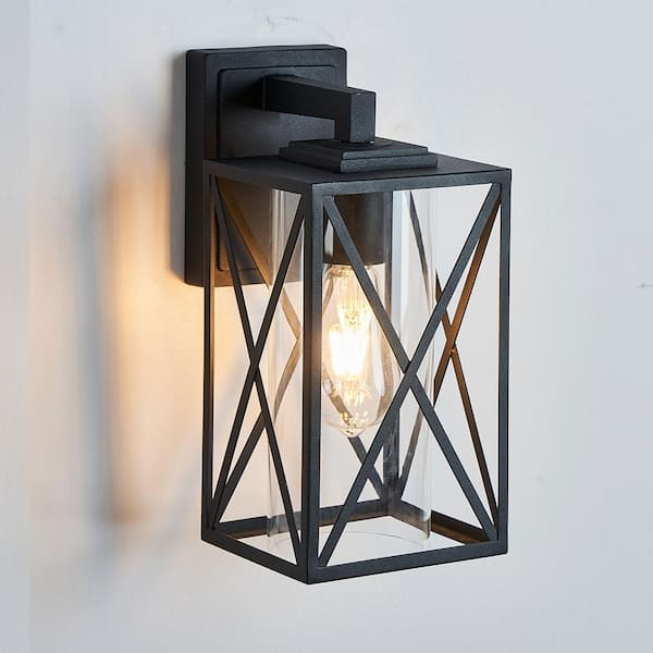 SILJOY 1-Light Black Hardwired Outdoor Sconce Wall Lantern with Clear Glass Cylinder