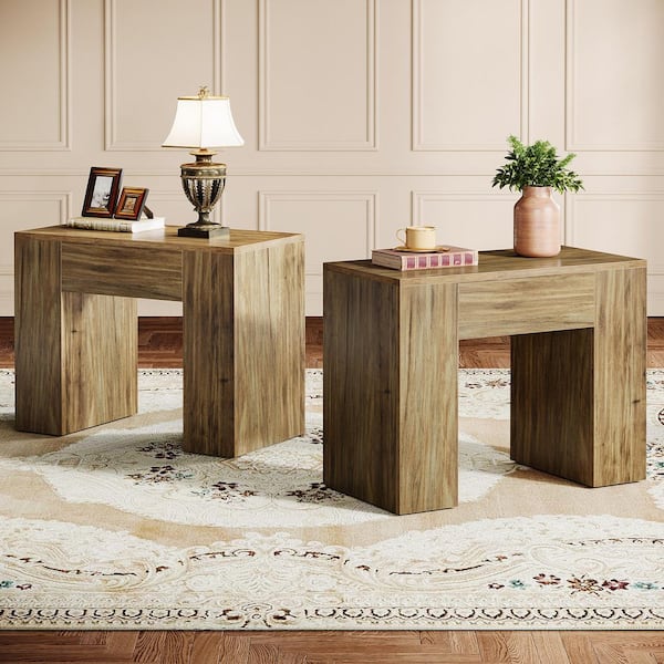 BYBLIGHT Kerlin 31.49 in. Brown Rectangle Engineered Wood End Table with Heavy-Duty Wooden Pedestal for Living Room