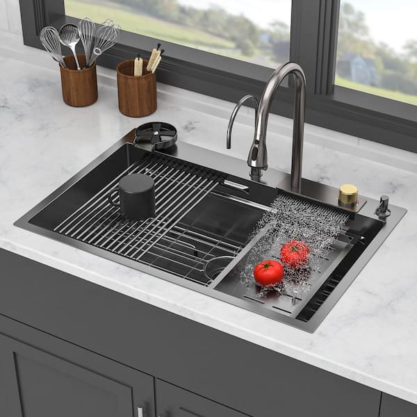 Staykiwi 33 in. Drop-In Single Bowl 16-Gauge Gunmetal Black
