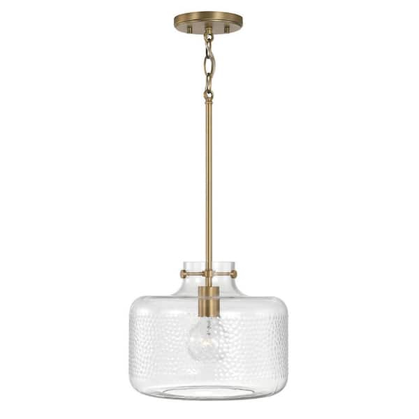Brighton 100-Watt 1-Light Aged Brass Pendant Light with Clear Pebbled Glass and No Bulbs Included