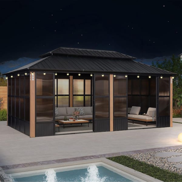 12ft. x 20ft. Sunroom Hardtop Gazebo with Wood Grain Columns Black Frame Aluminum Double Top, Mesh Screens and 24-Lights