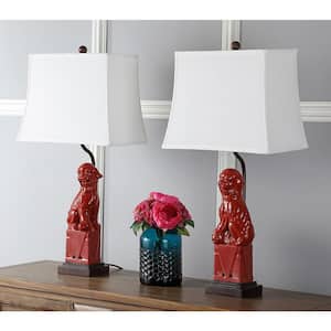 Foo 28 in. Red Dog Table Lamp with White Shade (Set of 2)