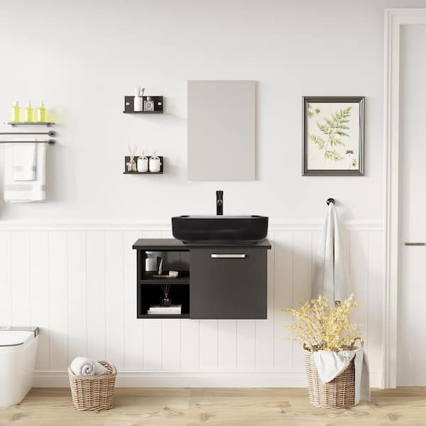 Puluomis 28 in. W x 19 in. D x 16 in. H Single Sink Bath Vanity in Black with Black Solid Surface Top and Mirror