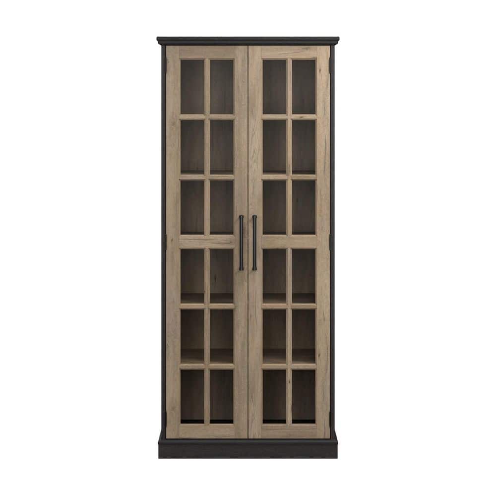 Tall Vintage Black and Tan Hickory Curio Cabinet with Glass Doors