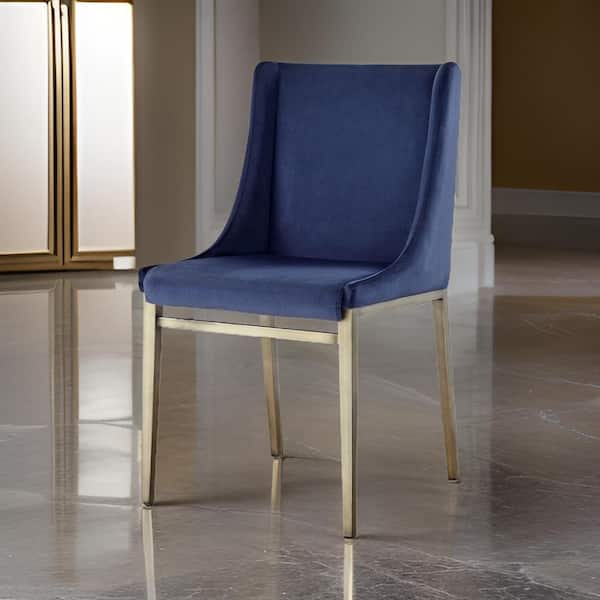 Benjara Blue and Brass Velvet Metal Frame Dining Chair (Set of 2)