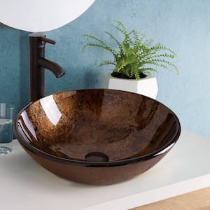 Solid Tempered Glass Round Bathroom Vessel Sink in Brown with Oil Rubbed Bronze Faucet and Chrome Pop-Up Drain