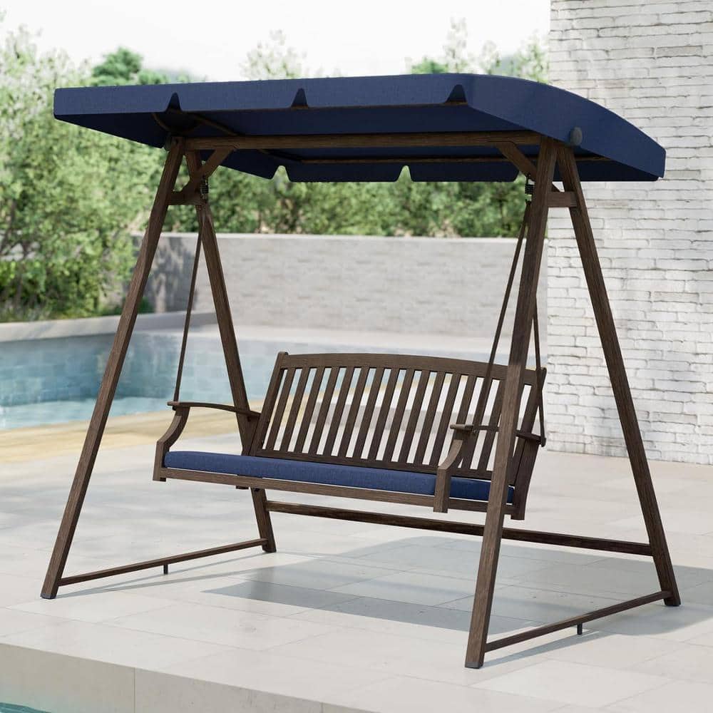Farmhouse Dark Blue Steel Patio Swing with Adjustable Canopy and Cushions