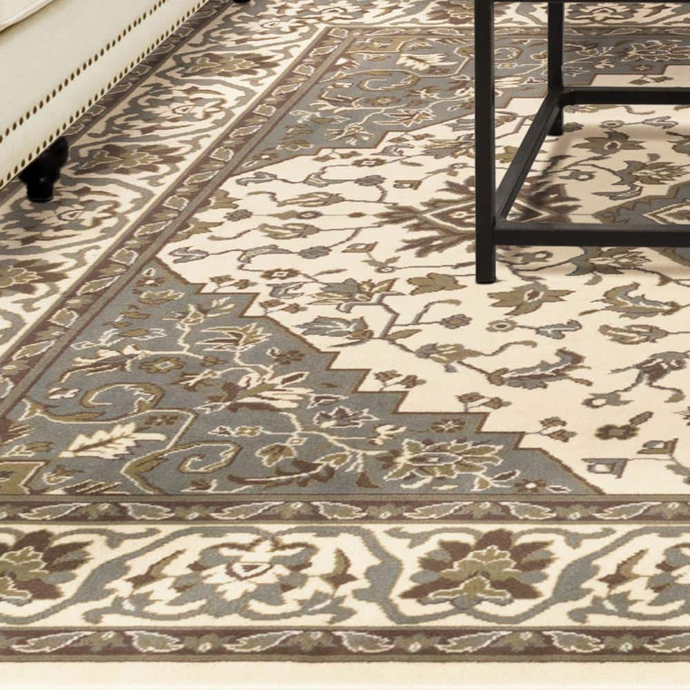 Green and Beige Medallion Synthetic Stain-Resistant Area Rug