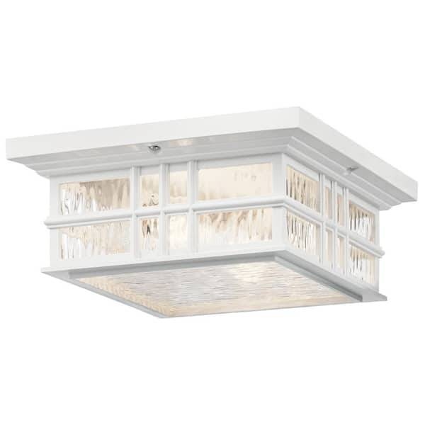 KICHLER Beacon Square 2-Light White Outdoor Porch Ceiling Flush Mount Light with Clear Hammered Glass (1-Pack)